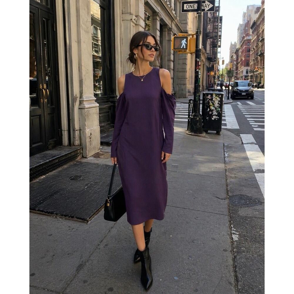 Eliza J Purple Cold Shoulder Sheath Dress Midi Minimal Chic Evening Sz 6